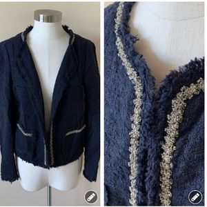Zara Navy Tweed Fringe Jacket 7775
